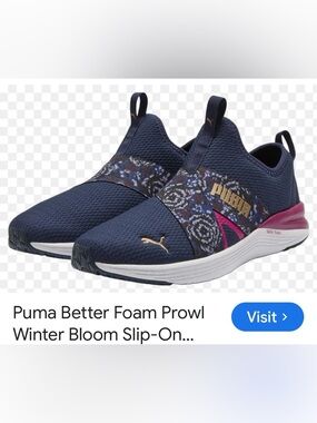 Puma Navy and Magenta Slip-On Floral Strap Sneakers